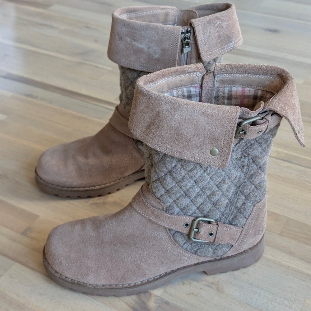 UGG Kids Quilted Suede Winter Boots Tan Buckle Zip Size 4